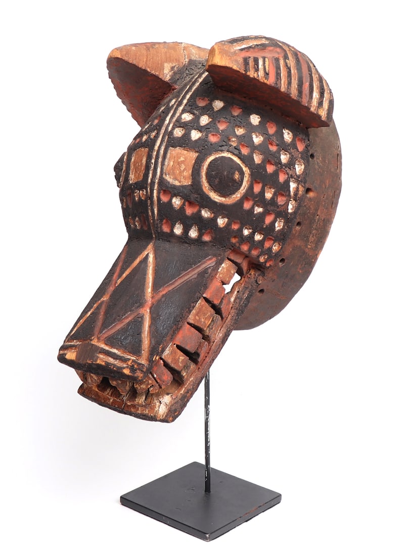 Burkina Faso "Hyena" Mask, 20th c.: West Africa, Burkina Faso, Mossi / Winiama / Bwa Peoples 20th c. Mask used ceremonially during funerary achievements and transitions to adulthood. Carved wood mask with a hallowed interior and