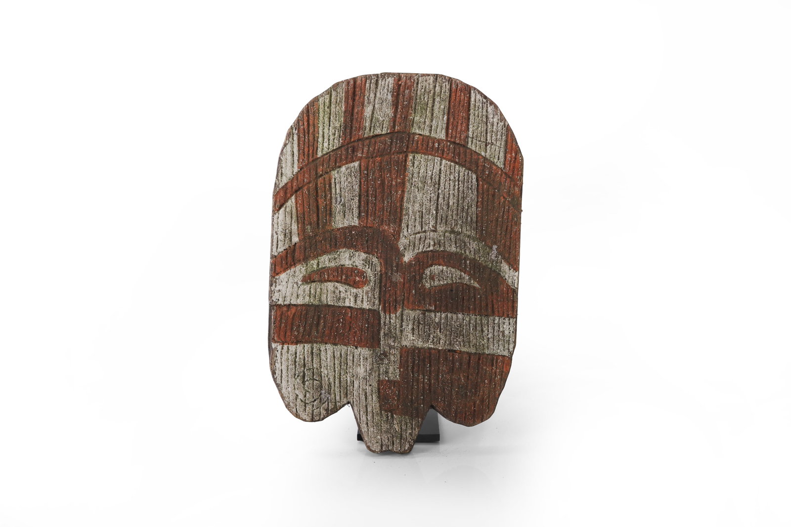 Songye Kifwebe Mask: Songye Kifwebe-style mask, Democratic Republic of the Congo, carved wood with red and white painted linear decoration. Broad flattened form with arched brow, narrow eye slits, and projecting lower