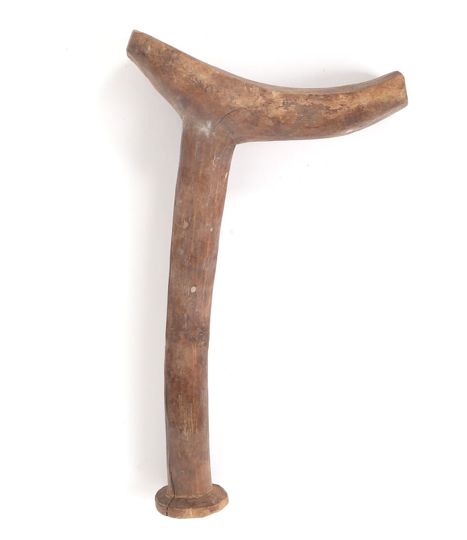 Aboriginal Wood Carved Gun Crutch, Philippines: Simple wood carved gun prop or crutch, used by placing the circular base to the ground or in a dug out hole for support. Resting a long barrel on the crutch for stability and precision. Size 15" H x 8