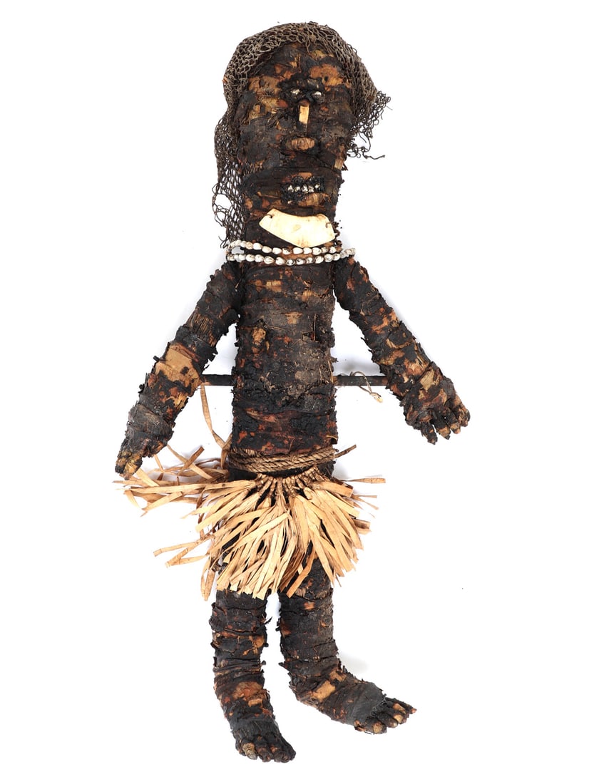 PNG Hand Made Payback Doll, Mendi Valley: Papua New Guinea, Mendi Valley hand made payback doll. Hand made for the loss of a loved one in war or daily life. Comprised of wood, mud, fibers and shells throughout. This type of figure is known