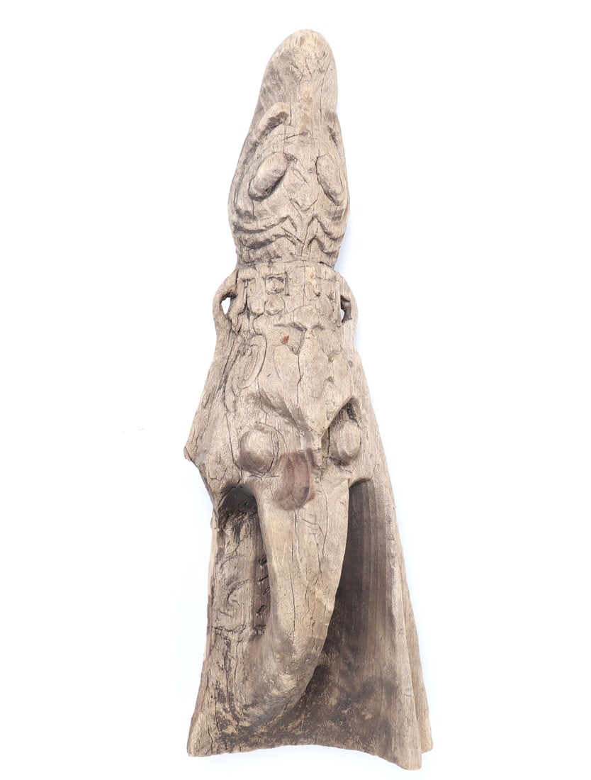 Handsome Wood Carved Crocodile Canoe Prow: Wonderful hand carved wood crocodile canoe prow, drilled to the base in order to mount to the back of a canoe. The crocodiles tail acts as a handle. Incised details throughout the body of the
