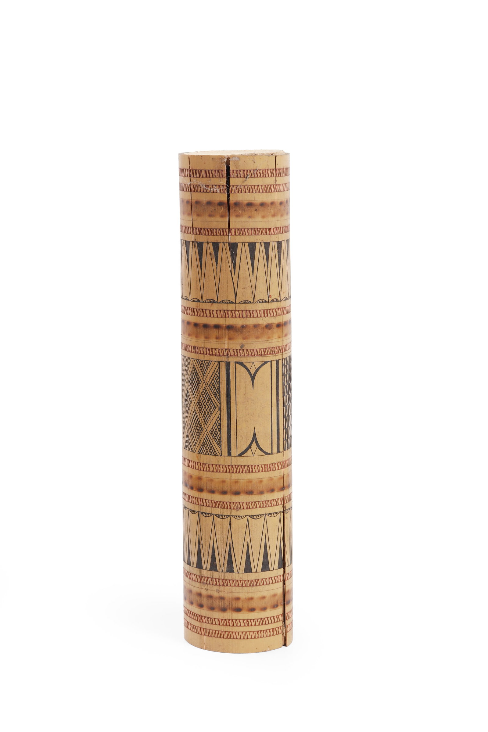 Decorated Bamboo Container: Probably Southeast Asia, 20th century. Tall bamboo cylinder of slender tubular form, finely decorated with bands of geometric ornament including zigzags, crosshatching, dots, and linear borders