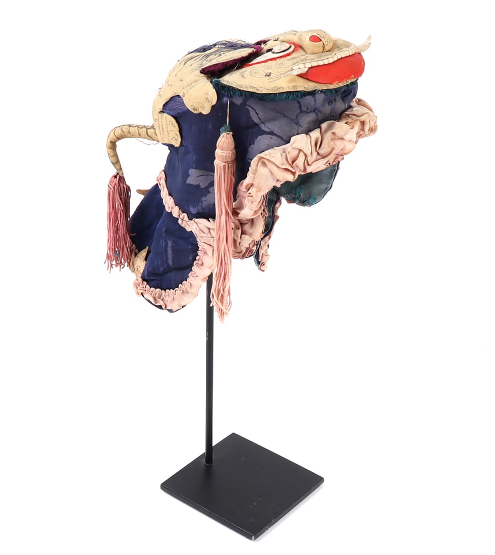 Old Han Chinese Baby Hat, Protective Tiger-Form Cap: China, Han tradition, late 19th to early 20th century. Traditional child's protective hat in the form of a stylized animal or tiger head, constructed with painted and applied features above a blue
