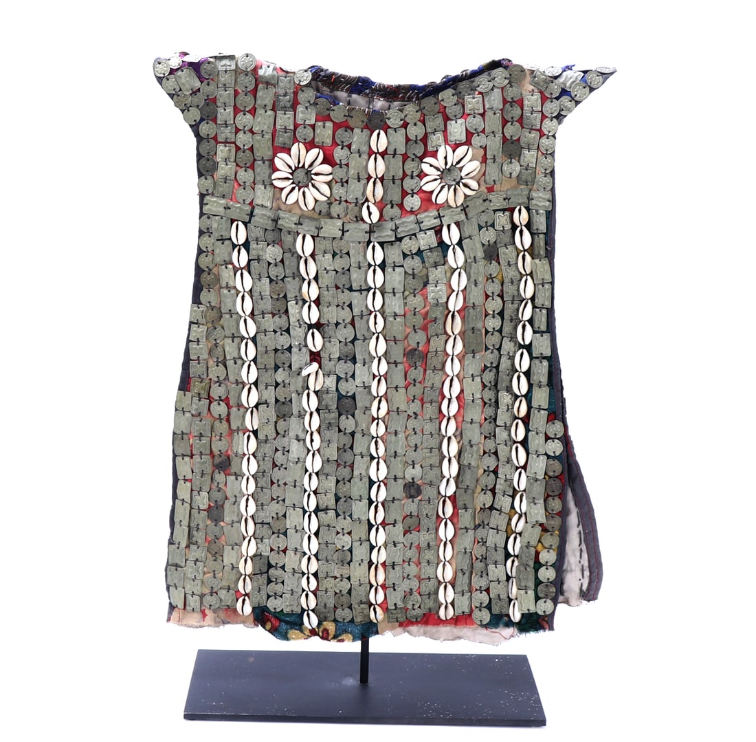 Vintage Childs Tunic From Northern Afghanistan: Decorated vest turkmenistan people Afghanistan used for circumcision ceremony. Size 16" W x 20 1/4" H, 23" H on included custom stand.