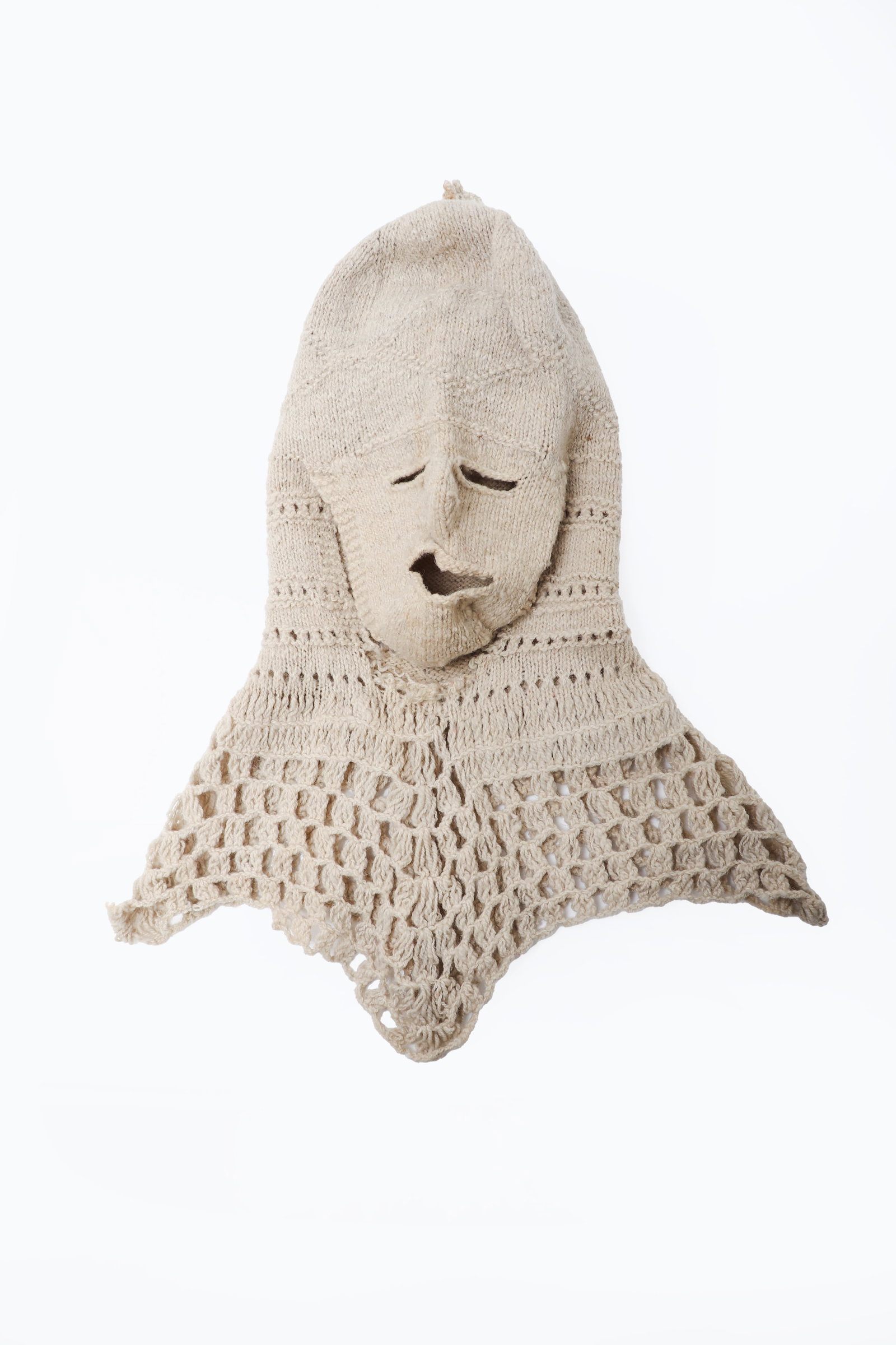 Wool Snow Face Cover, circa Early 20th C.: This traditional early 20th century wool snow full face cover is a practical and beautifully crafted piece designed to protect against harsh winter conditions and the sun. Made from thick, insulating
