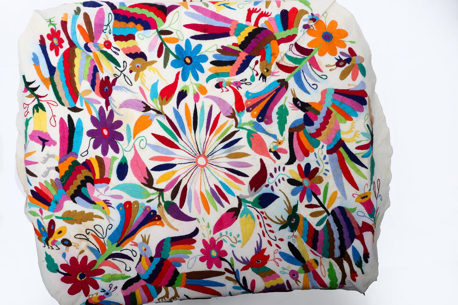 Otomi / Tenango Style Polychrome Embroidered Tapestry: Large and vibrant embroidered tapestry in the Otomi / Tenango style, densely decorated with polychrome birds, blooming flowers, and stylized botanical forms arranged in an energetic circular