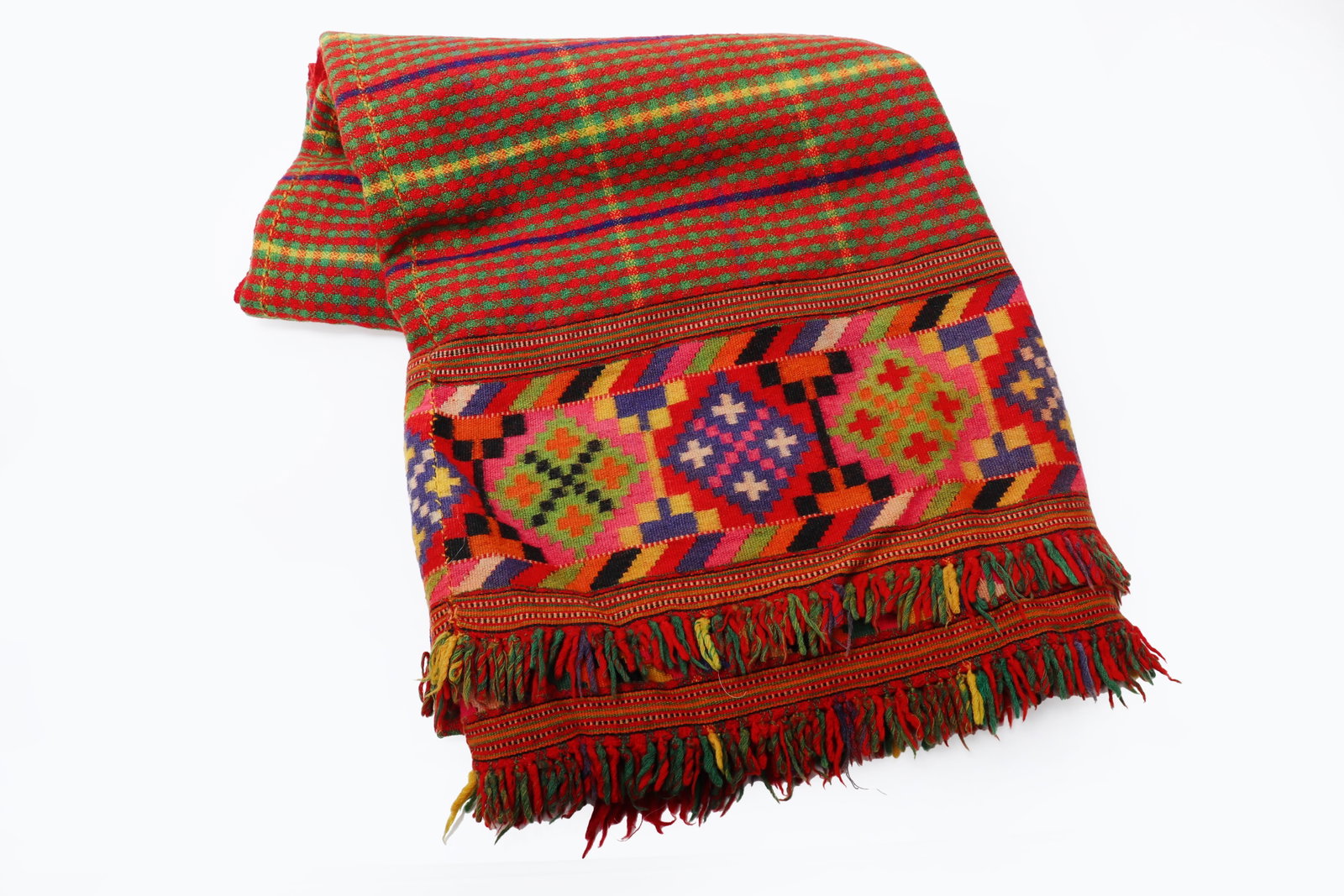 Himalayan Textile Shawl, 20th Century: Northern India, probably Himalayas A richly colored handwoven textile, likely a regional shawl or ceremonial wrap from the Himalayan region, displaying vibrant polychrome decoration characteristic of