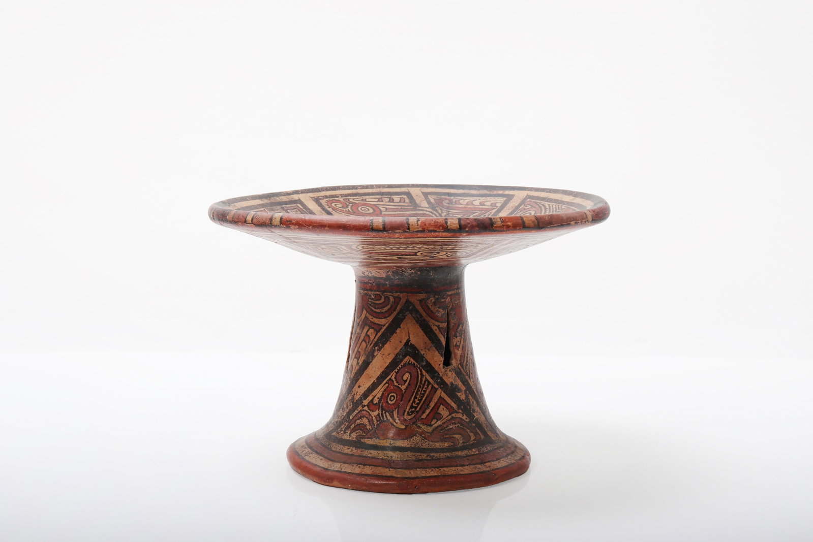Pre-Columbian Gran Colce Macaracas Polychrome Pedestal Plate: Pre-Columbian, Central America, Panama, Gran Cocle circa 800 - 100CE Beautiful polychrome painted terracotta pedestal plate originating from the Gran Cocle region of Panama. Bold polychrome designs