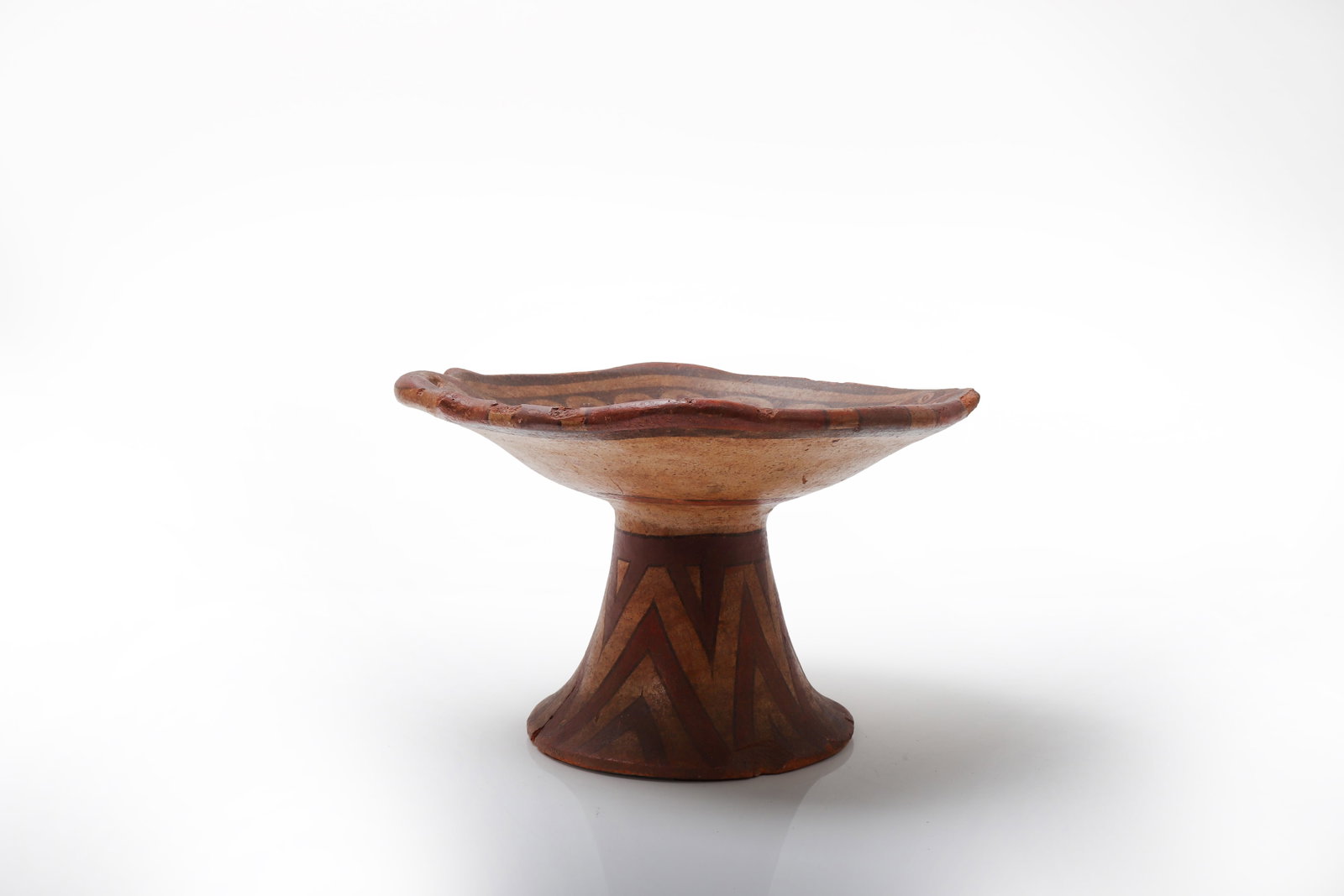 Panamanian Raised Pedestal Plate, Cocle 800-1000CE: Panama, Gran Cocle 800-1000CE Raised polychrome pedestal plate. This charming pedestal plate features a hand-applied, reactive glaze finish in warm, earthy tones of brown and tan. The design includes