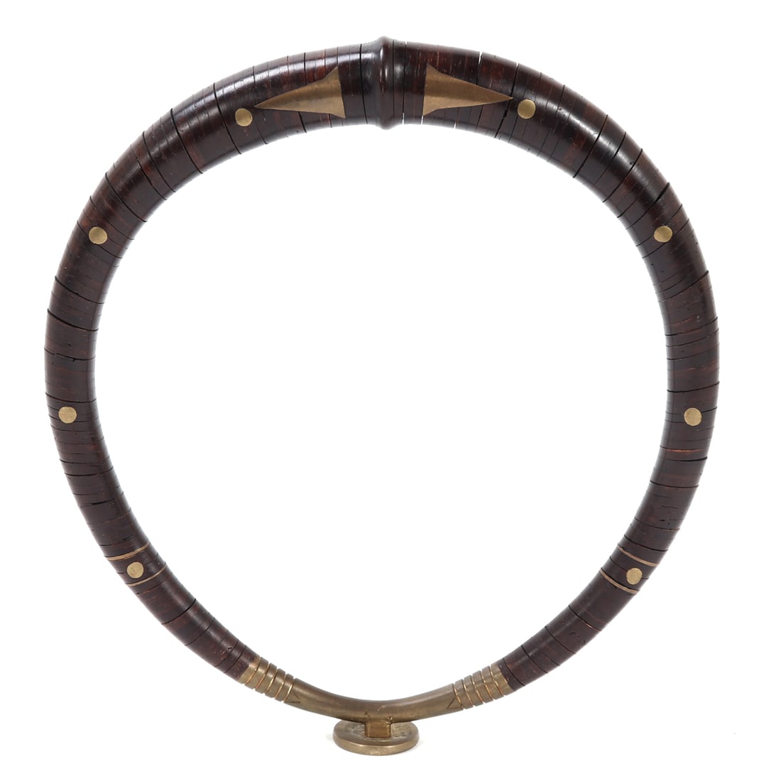 Antique Kalabubu Neck Ring, Nias Tribe: Circa early 1900's shell and copper necklace, most commonly worn by head hunters but also known to be comprised differently and worn by women. This elaborate example includes perfectly sequenced