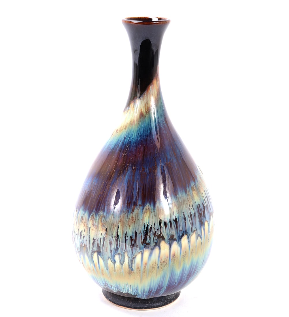 Chinese Rainbow Twist Glazed Vase: Beautiful Chinese rainbow banded glazed vase with red, brown, purple, blue and cream colors throughout. Bulbous body with slim long neck and flared rim. Size 15" H, weight 4 lb. 6.4 oz
