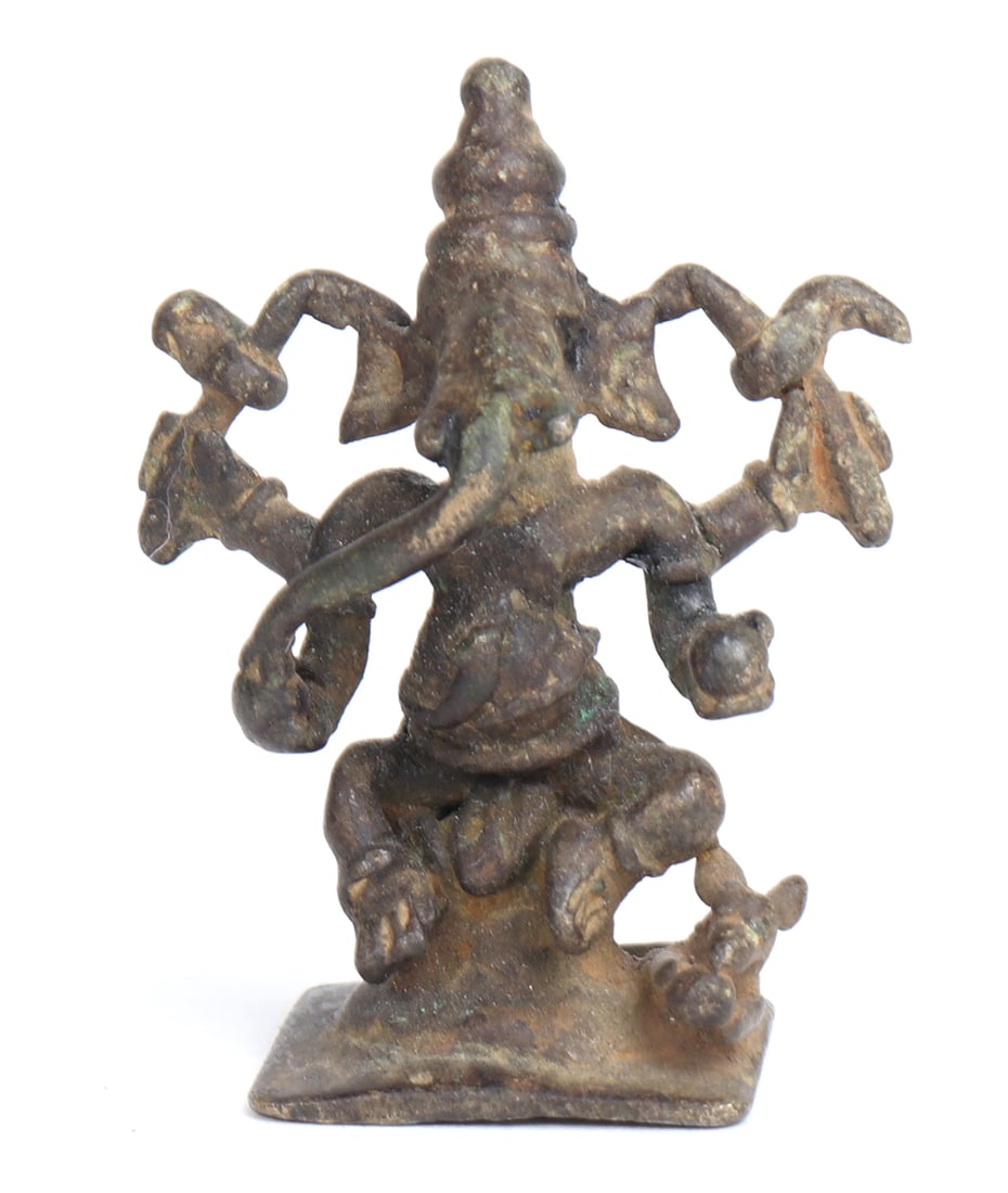 Indian Bronze Ganesha Miniature, 16th-17th c.: Indian, Hindu Bronze figure of Ganesh 16th-17th c. or earlier. Finely made multi-arm deity of Ganesha with four arms displaying orbs, axe, scepters, and the trunk of Ganesha. At the base of the deity 