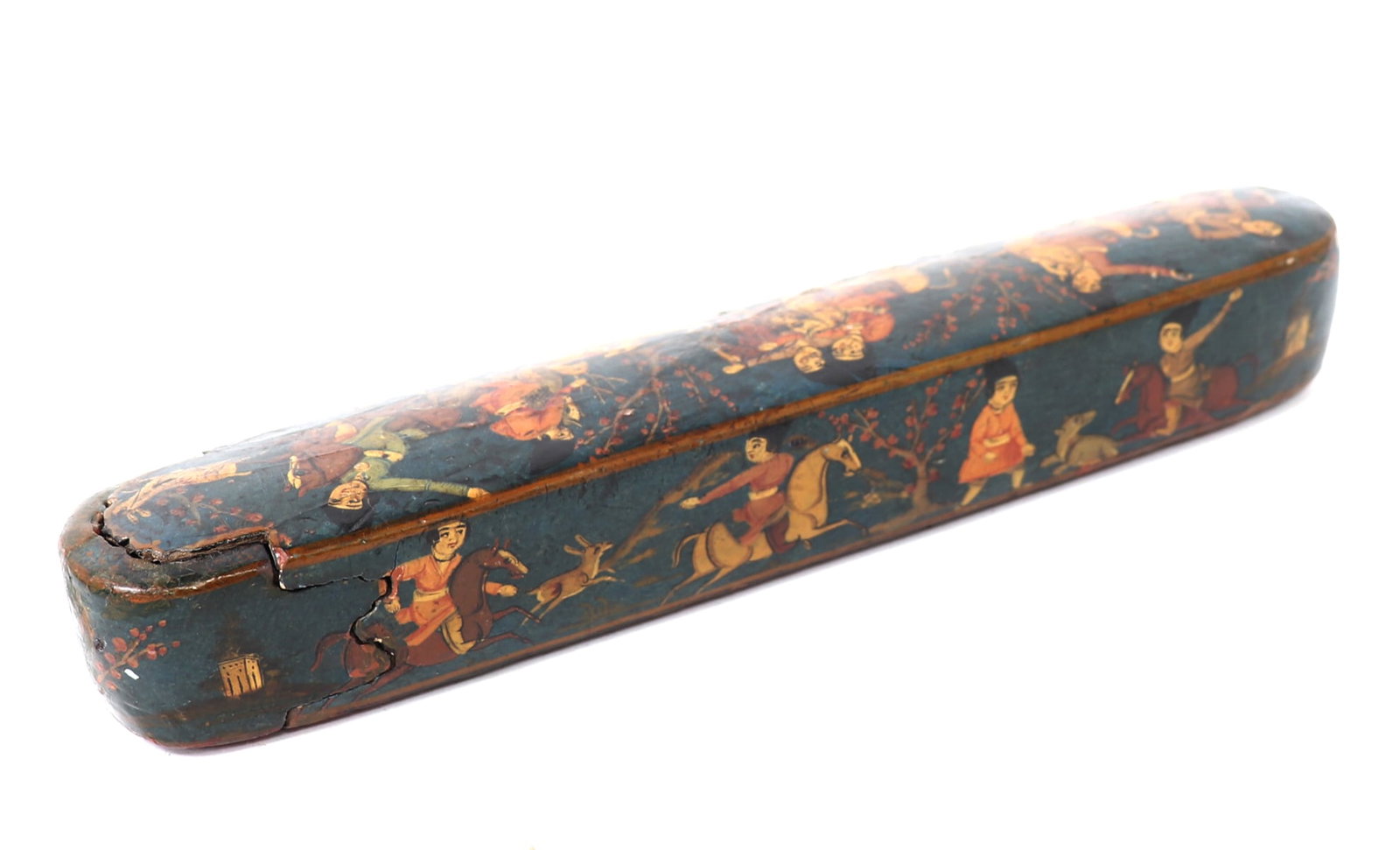 Lovely Mughal Artists Brush Box: Lovely paper mache artist brush box, depicting hunters on horse back with hounds chasing the prey. One pair of gentlemen appear to be exchanging their deer or taking it for cleaning and portioning. Si
