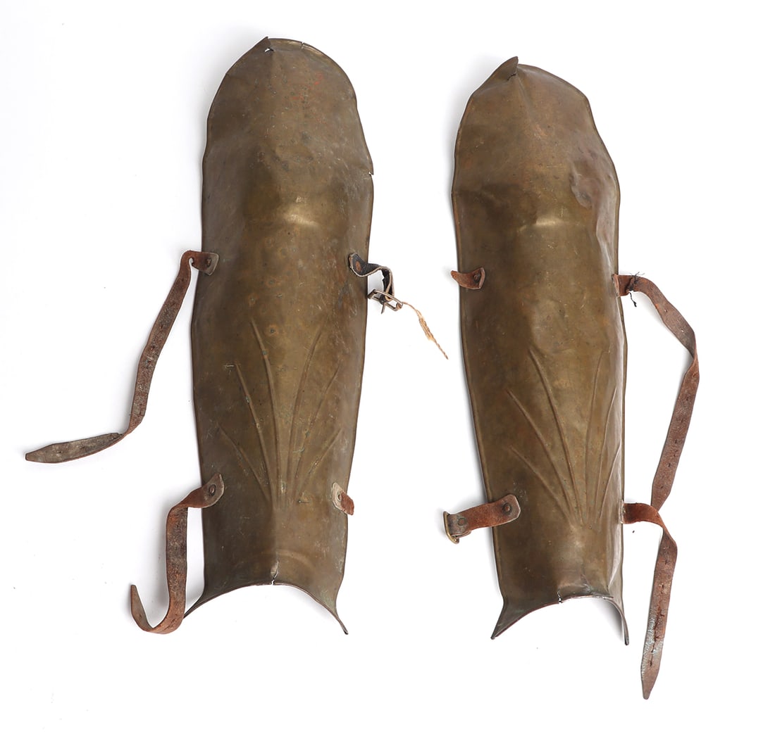 Victorian Roman-Style Theatre Greaves, 19th C.: Well made set of Roman Gladius style theatre greaves, probably made for theatrical, pageant, or decorative use. Size 19 1/4" L
