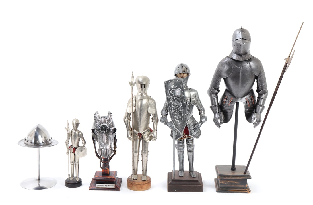 Collection of Miniature Armour(s): Wonderful little collection of six various miniature armors including half suits, halberds, shields, kettle hat, and chamfron. Size 17 1/4" H Ex-Southern California Collection