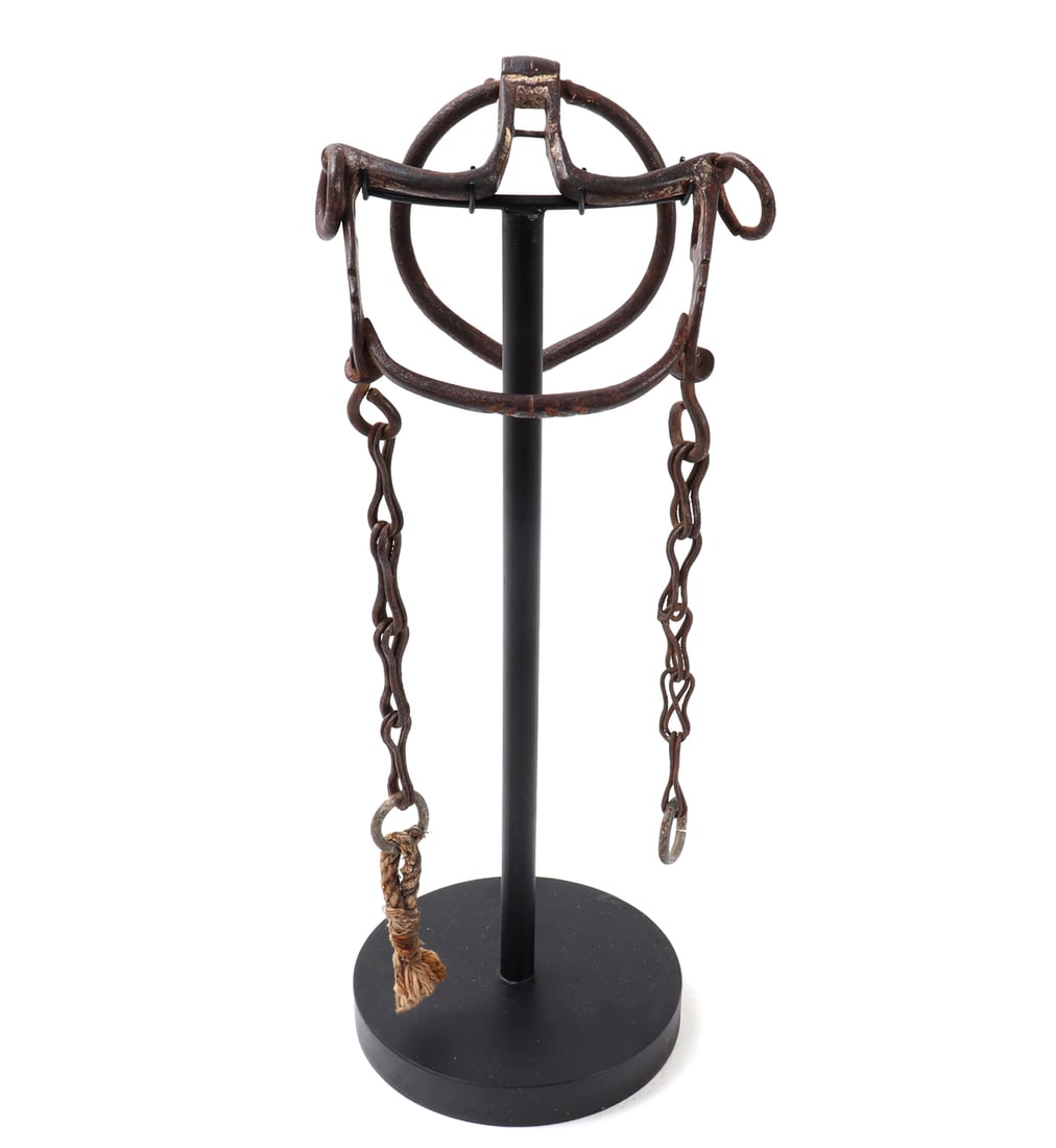 Antique Iron Horse Bit, Late 19th- Early 20th C.: Antique iron horse bit, likely Western, Mexican, or Southwestern, circa late 19th to early 20th century. Hand forged iron construction with large side rings, curved cheek pieces, hanging chain