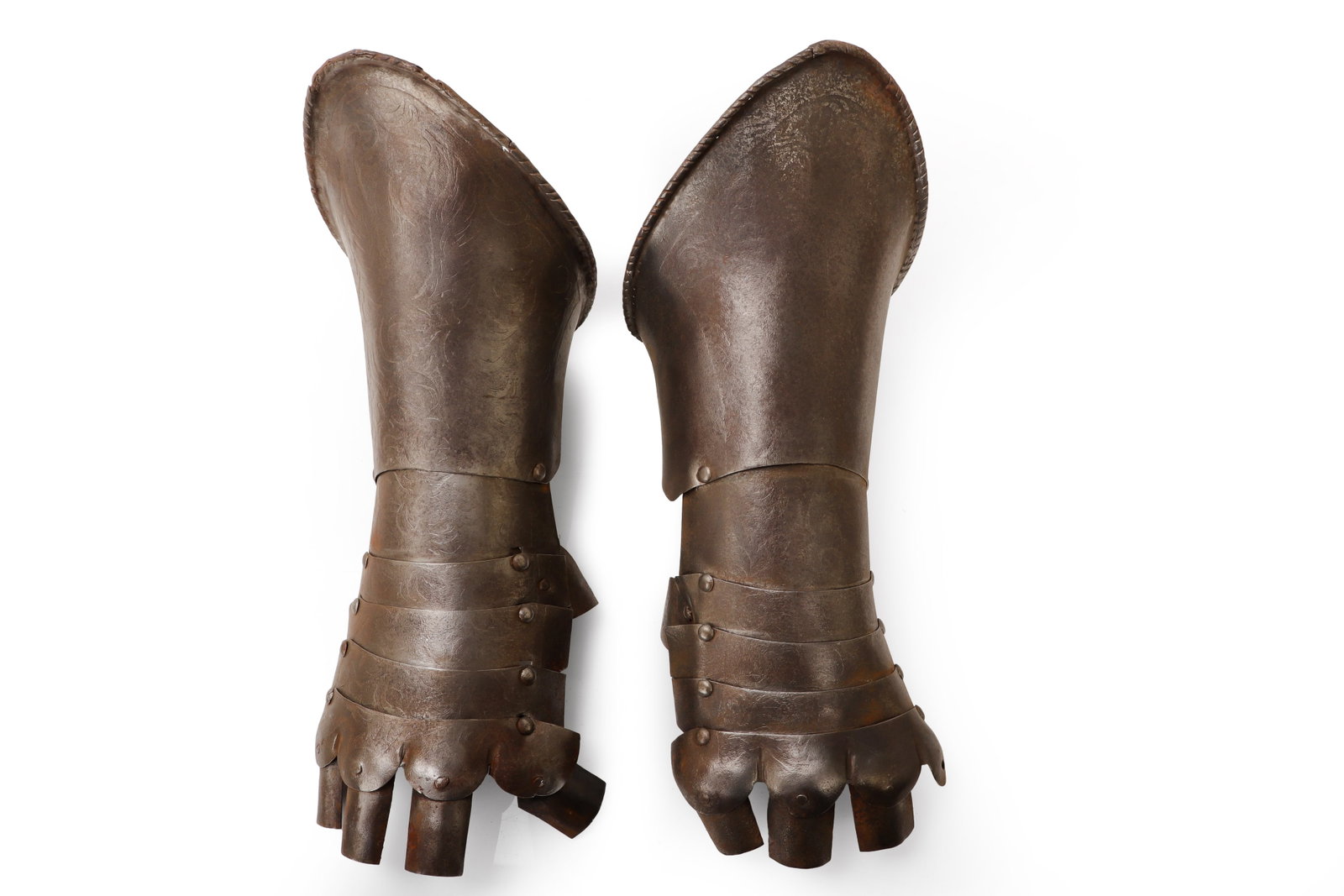 Pair of Victorian Steel Armor Gauntlets, 19th C.: Probably England or Continental Europe, Victorian era, late 19th century. Pair of steel armor gauntlets with flared cuffs, rolled rope form borders, riveted construction, and articulated wrist and han