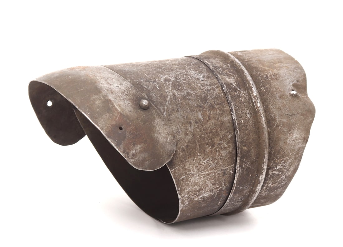 European Armour Rerebrace Element, Ex-Higgins: European armour element of a rerebrace or upper cannon, circa 19th century. Size 7 3/4" L x 5" W Ex-Southern California Collection, Ex-John Woodman Higgins Armory Museum Collection