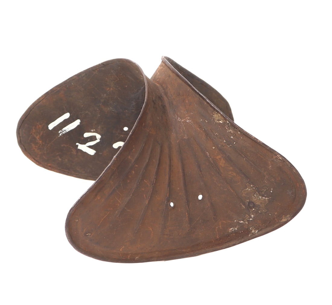 German Gothic / Maximilian Fluted Couter, Ex-Higgins Museum: European, German Maximilian or Gothic transitional style Couter or elbow defense, probably circa 19th century. Painted to the interior with inventory numbers (1122). Pierced to the widened portion