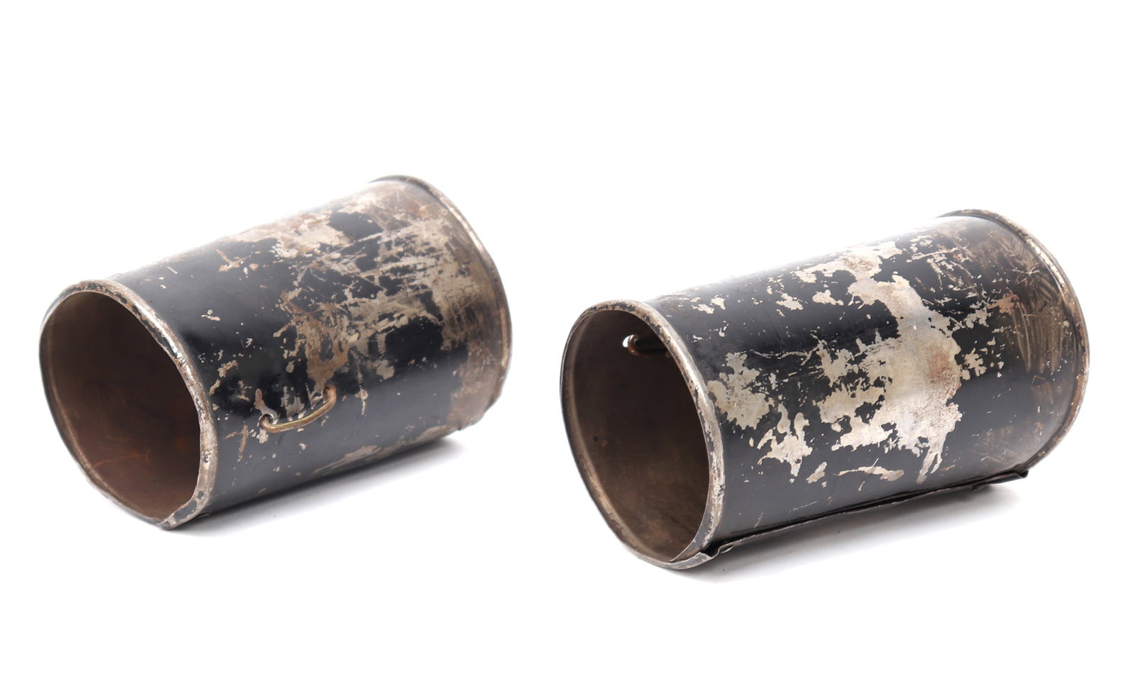 Pair of Armour Vambrace, Ex-Higgins Museum: Pair of armour vambraces or lower cannons probably for a boys suit or Victorian castle armour, 19th century. Formed from a single steel of steel with rolled edges and covered in a black paint. Size 5
