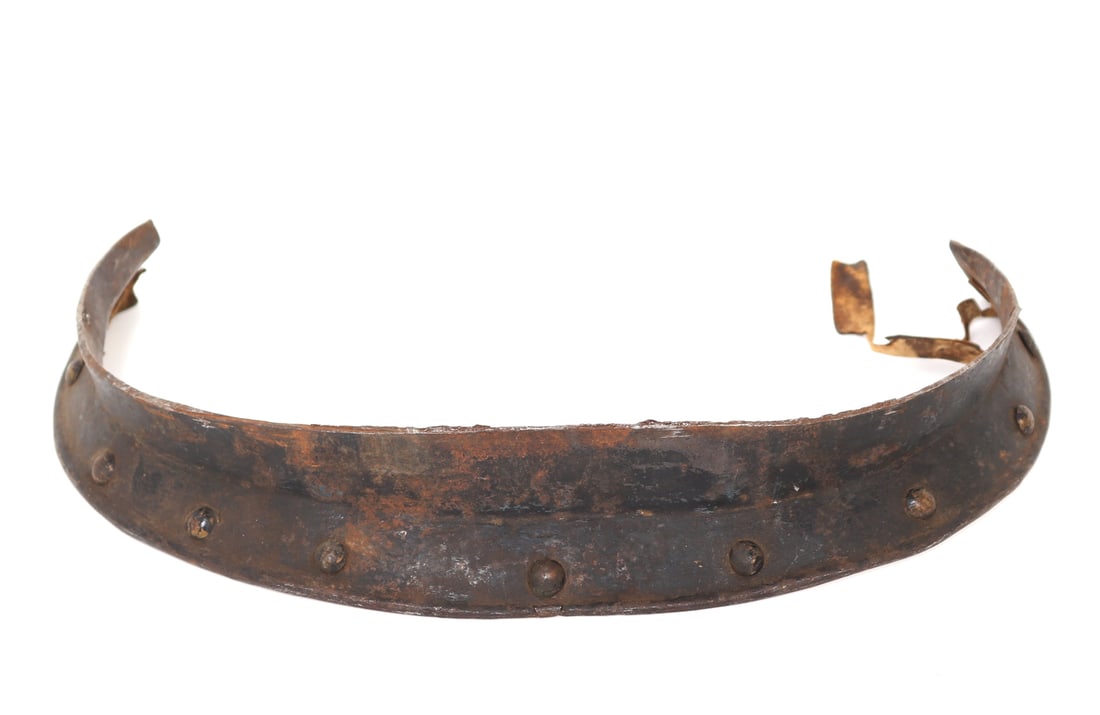 European Armour Rear Culet Element, 17th C.: Element of armour rear cutlet lame, 17th century. Thick steel plate of armour with a lower rolled edge and heavy oversized gilt brass rivets. The lower most lame of a rear backplate for a cuirass