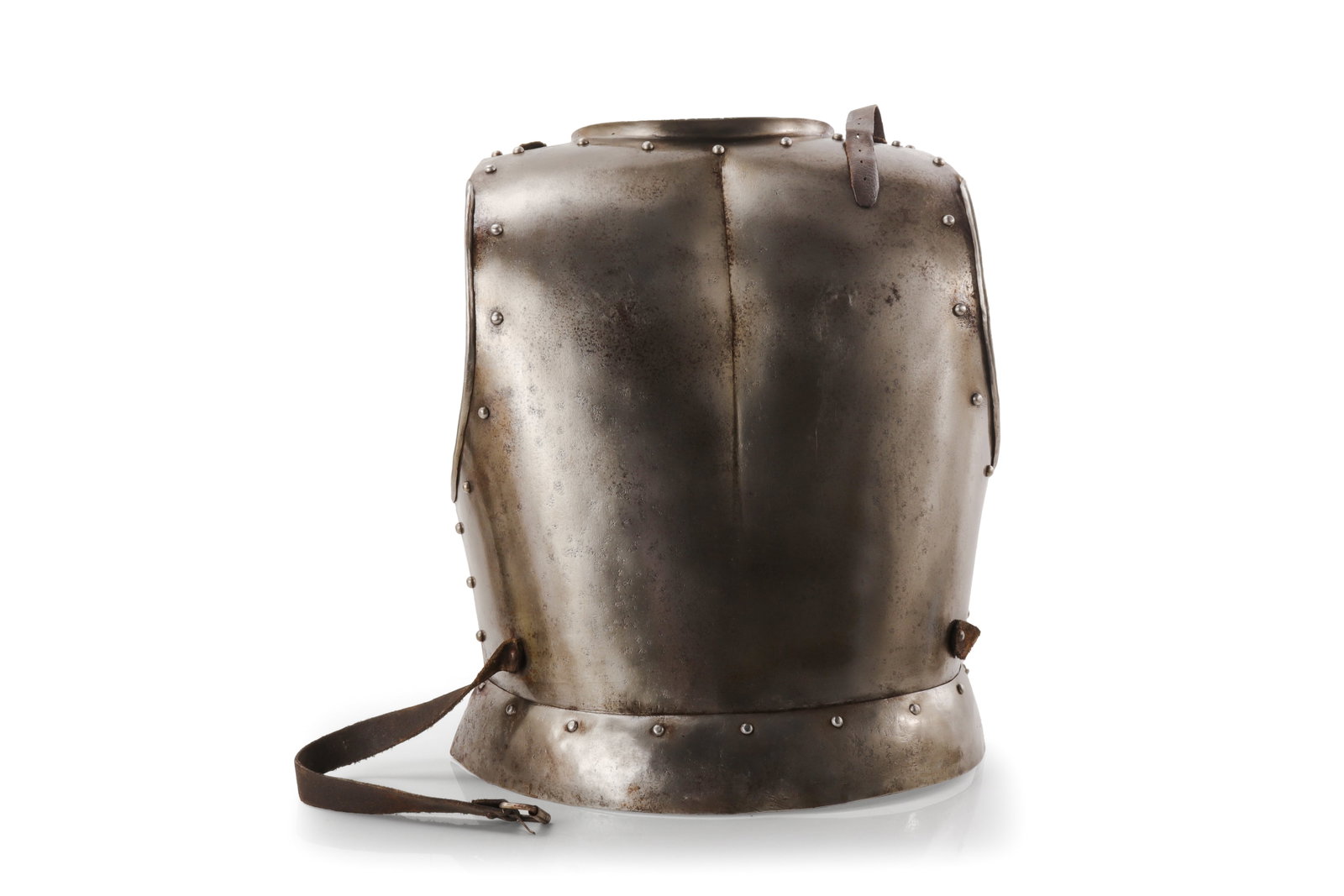 Forged Steel Backplate, 18th- 19th C.: European, 18th- 19th century. Forged steel backplate of shaped torso form, withrolled edges, riveted borders, and attached leather straps. The plate was made to be worn with a corresponding