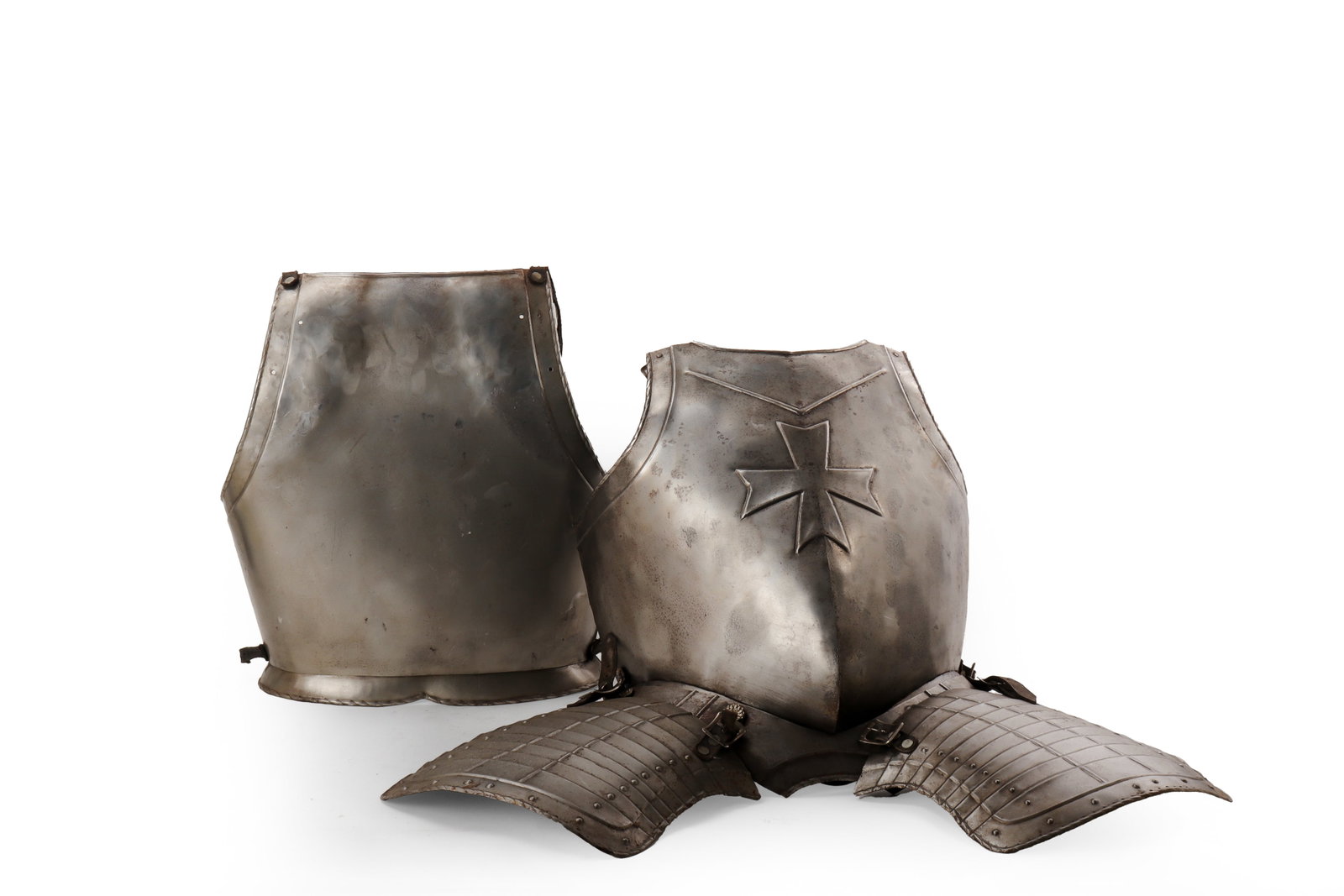 Steel Armor Set, 16th C. Style: European style steel armor, in the 16the century style but probably produced in the 20th century. The group is comprised of a breastplate with raised central ridge and embossed Maltese cross to the