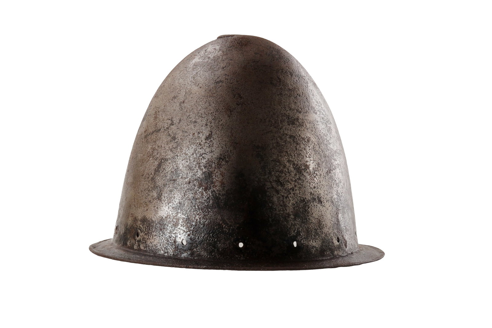 Infamous English Forgers Cabasset, 16th C. Style: Steel Cabasset style helmet, formed with a single piece skull, narrow flanged brim, and pierced holes around the lower edge for former liner attachment. The form is excellent and follows 16th century 