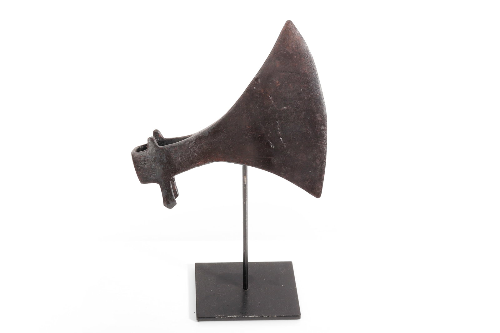Viking Forged Iron Dane Axe Head, 8th - 10th C.: Forged iron Viking Dane battle axe head, 8th to 10th century, with broad flaring blade, swept crescentic cutting edge, and compact socket with shaped rear projection. The form is consistent with