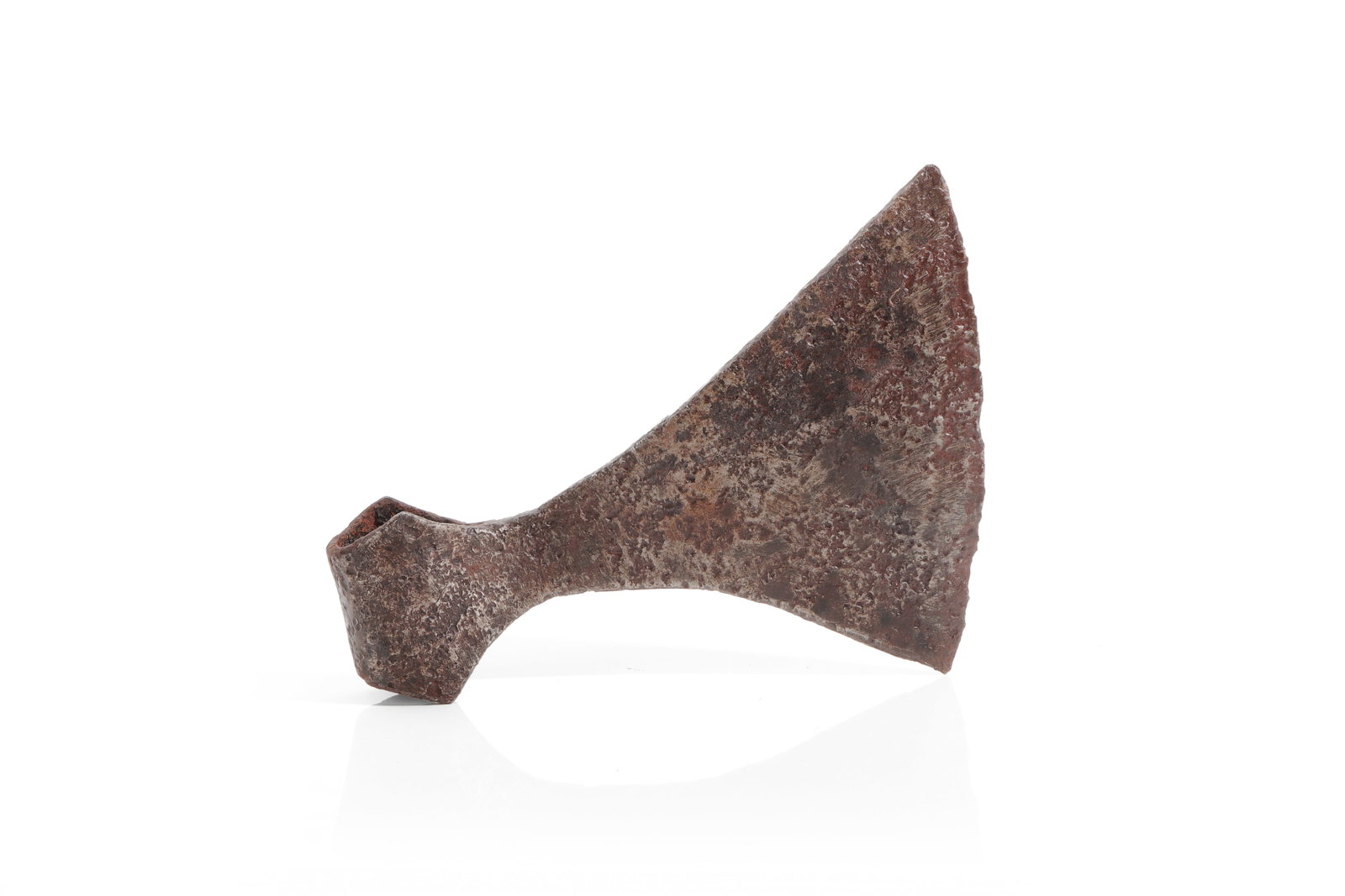 Viking Forged Iron Dane Axe Head, 8th - 10th C.: Forged iron Viking Dane battle axe head, cataloged as 8th to 10th century, with broad flaring crescentic blade, curved lower edge, and shaped rear projection. The socket area is formed with rounded