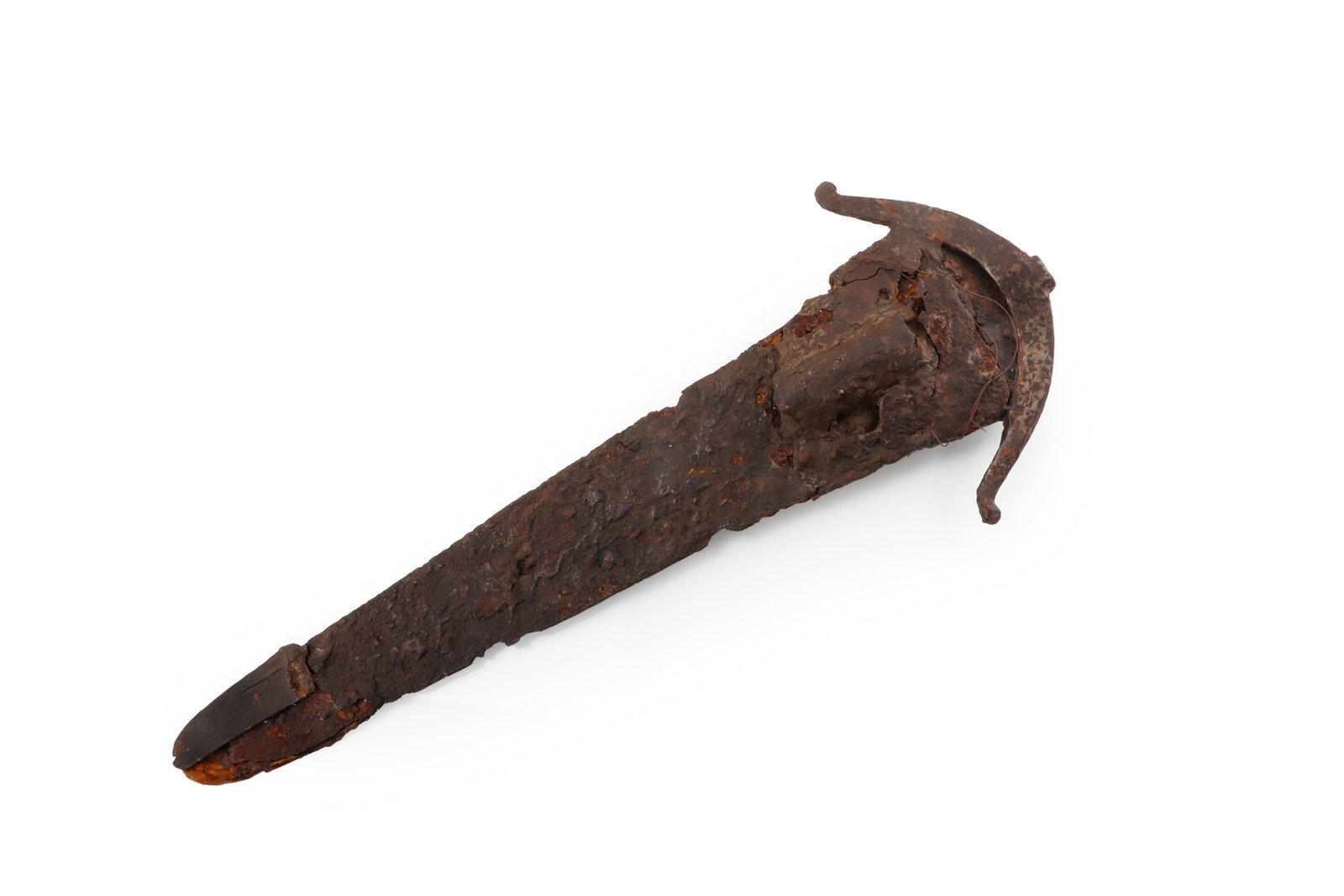 Venetian Cinquedea Dagger Remnants, 15th - 16th C.: Italy, probably Venice, 15th to 16th century. Forged iron cinquedea dagger or short sword remnant, retaining the broad tapering blade, guard, and heavily corroded remnants of the original scabbard.