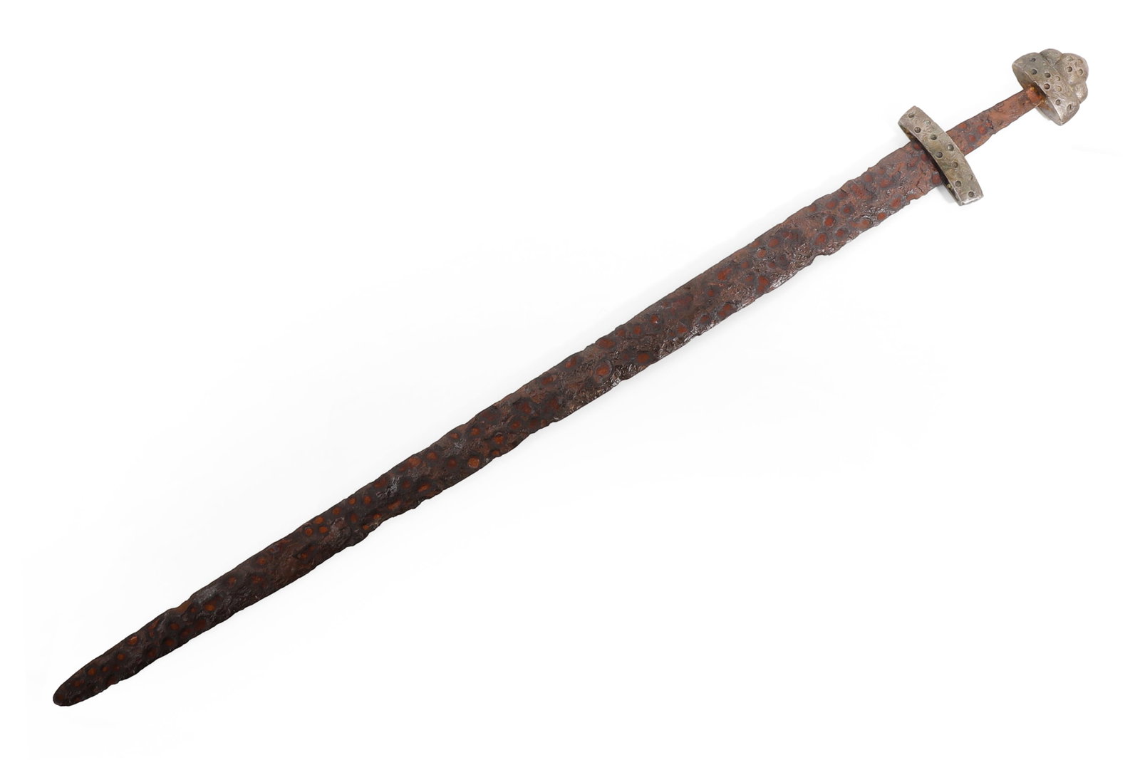 Petersen Viking Sword Type T, 9th - 11th C.: Northern Europe, Viking Age, 9th to 11th century. Iron sword with long straight blade, complex bronze guard, and complex bronze pommel, the fittings decorated with dotted punched or drilled designs.