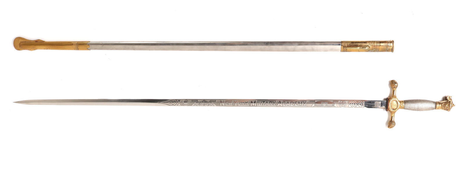 New York Military Academy Cadet Sword & Scabbard: New York Military Academy (NYMA) cadet's sword and scabbard. Fine and excellent condition sword with straight double edged blade wonderfully etched with panels of decoration including a lengthy