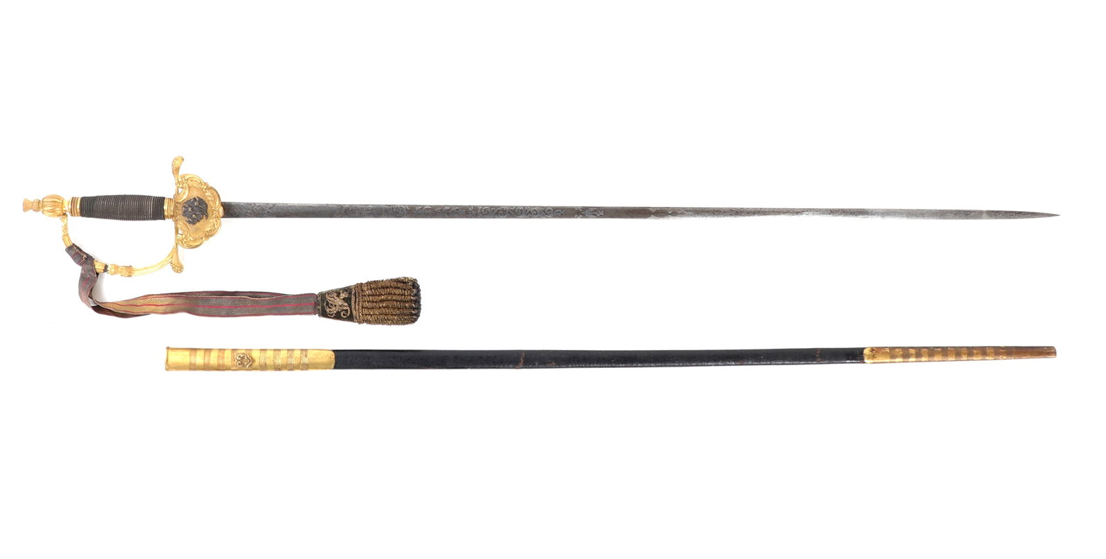 Scottish King's Bodyguard Sword, Scabbard, & Knot: King George V royal King Bodyguard of Scotland court sword. Fine original leather scabbard with gilt brass decorated mounts. Guard and handle with original decoration and grip. Shell with a decorated