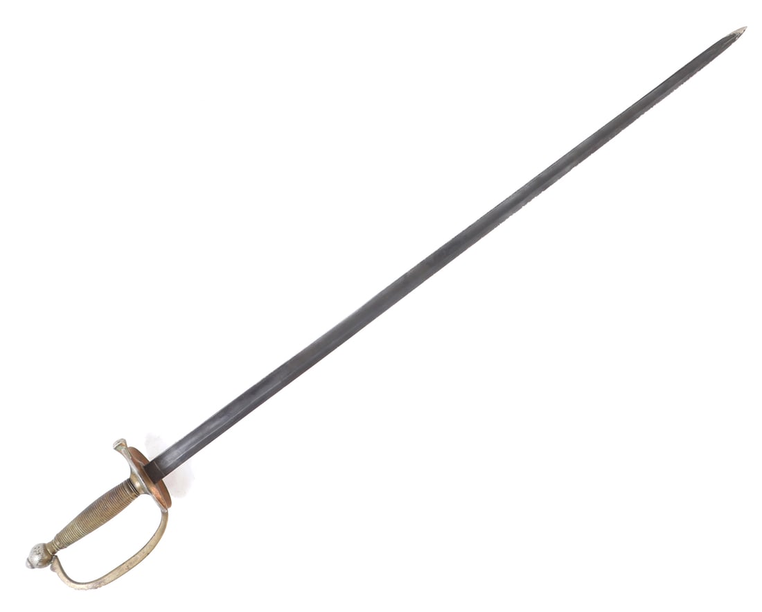 US Model 1840 NCO Post Civil War Sword: Marine NCO sword with a cast brass hilt with a half basket guard. Single edged blade with a wide central fuller and short false edge. Marked to each side of the blade - Emerson & Silver, Trenton N.J.