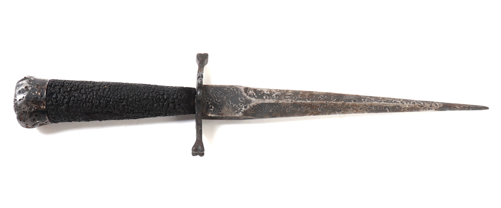 European Medieval Dagger, Circa 1600's: 1600's European medieval dagger with medial ridge down the center of the double sided blade. Blade shows pitting and aging with a fantastic patina from decades of age. Size 12 3/4" L, blade 6 7/8" L