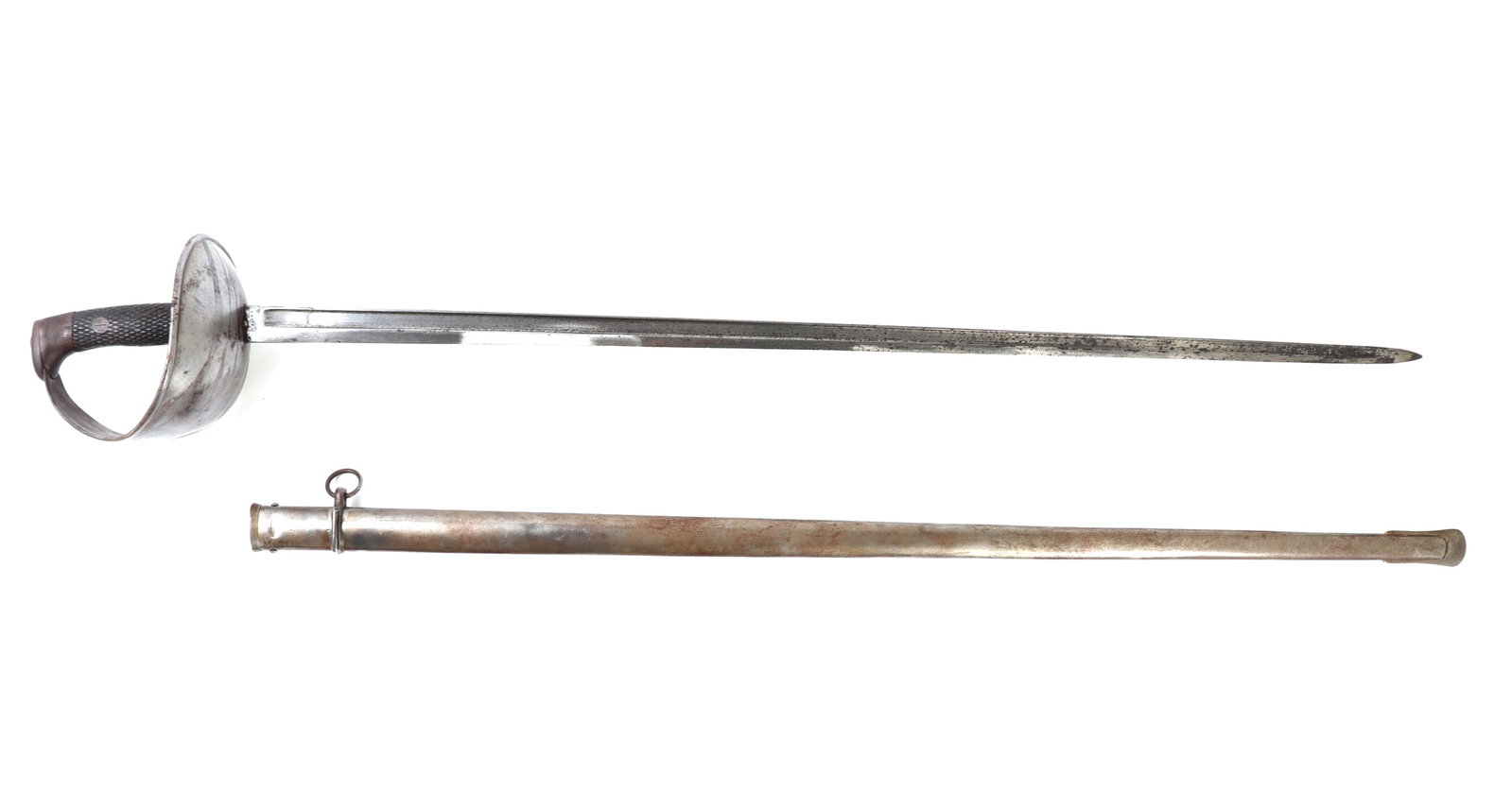 Spanish Cavalry Sabre w/ Scabbard: Spanish model 1907 cavalry sword. Steel single edged blade with a broad cup guard. Guard incised with a coat of arms to the face. Wood handle in a incised cross hatch pattern. Metal scabbard with