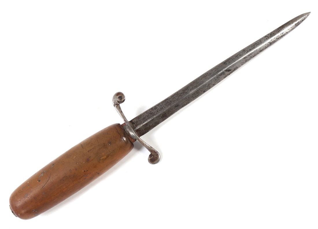 Vintage Military Fighting Dagger, 20th C.: Likely European or American, early to mid 20th century. A Hand crafted military fighting dagger with a narrow double edged stiletto blade with central ridge, simple iron crossguard with rounded