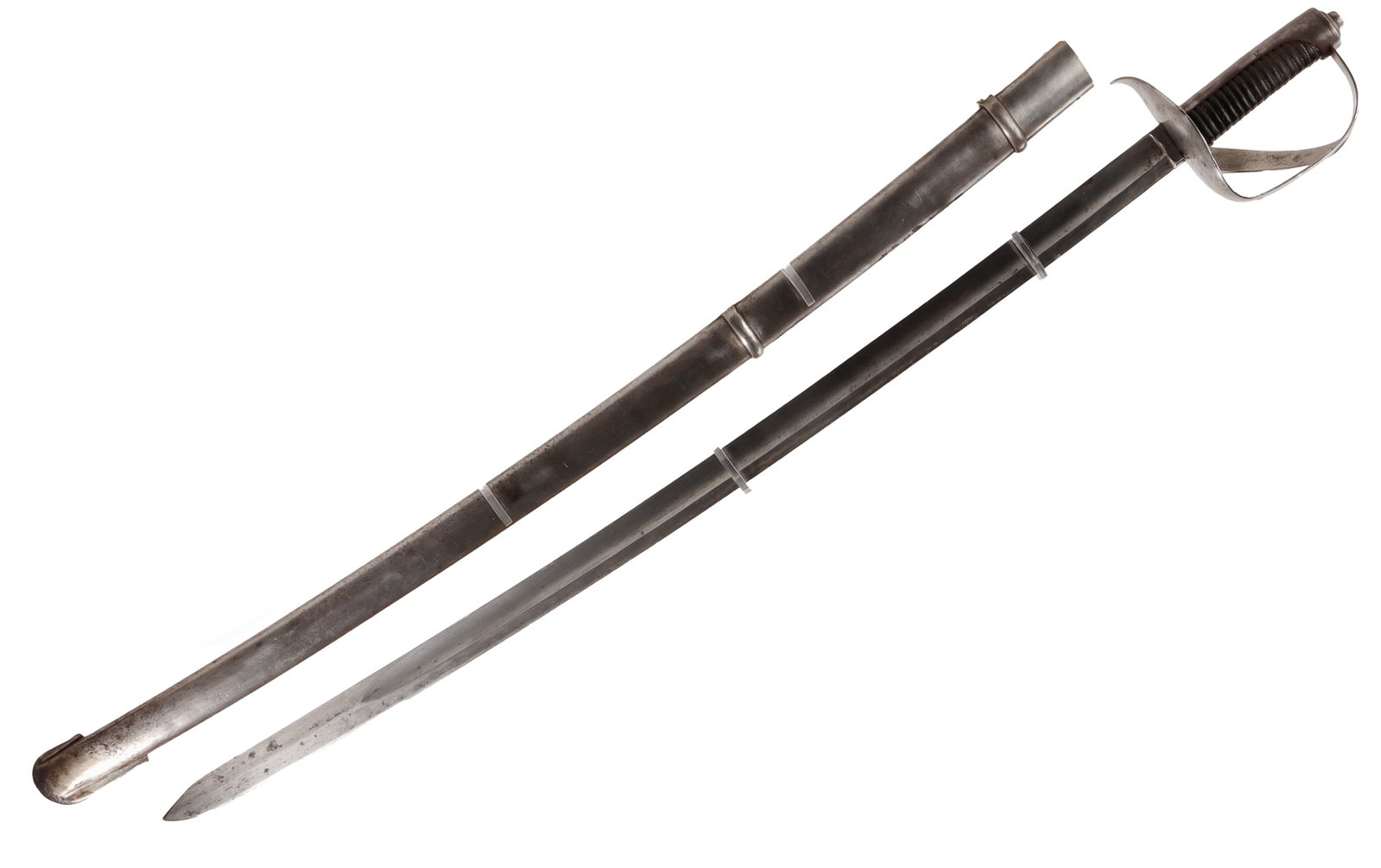 Italian M1834 Light Cavalry Saber, 19th C.: Italy, 19th century. Italian M1834 light cavalry saber with a curved single edged steel blade, ribbed dark grip, and iron or steel guard with broad knuckle bow and upturned quillon. The saber is