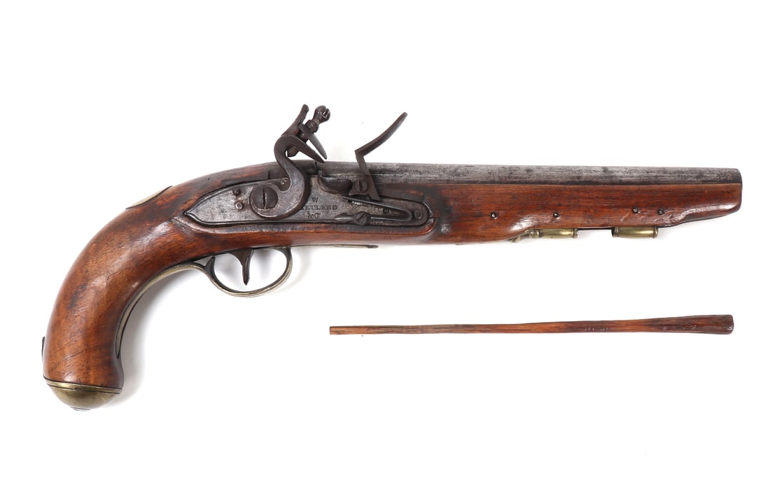 Ketland Flintlock Officer's Pistol, 19th c.: Ketland officer's flintlock pistol, early 19th c., marked "W. Ketland & Co" on the lockplate, "London" on the top of the round iron barrel. Pistol features proof mark to side, brass furniture and a