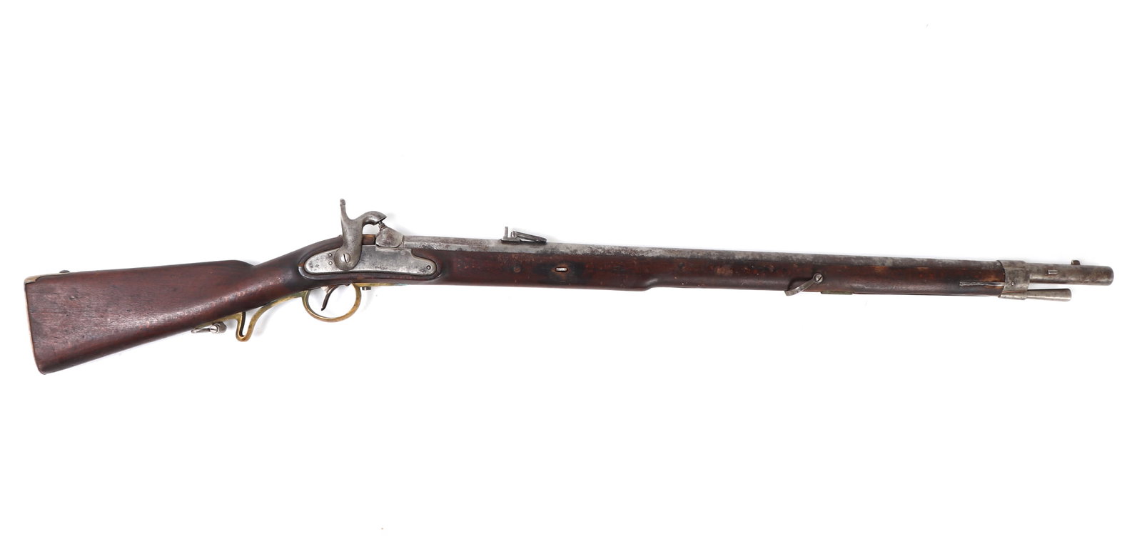 Civil War Confederate Percussion Captured Rifle: Civil War Confederate percussion M1849 Jaeger rifle likely captured from the 104th Union regiment to the 17th Confederate regiment. Lock plate marked (849). Proof marked (24) to brass side plate.