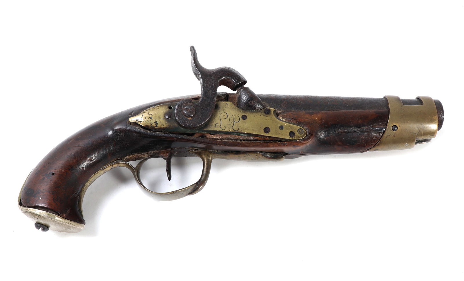 Continental Percussion Pistol, 19th C.: European, 19th century, likely circa 1840 to 1860. Single shot percussion pistol with dark wood stock, iron barrel, and brass mounts including trigger guard, butt cap, lock plate, and muzzle band.