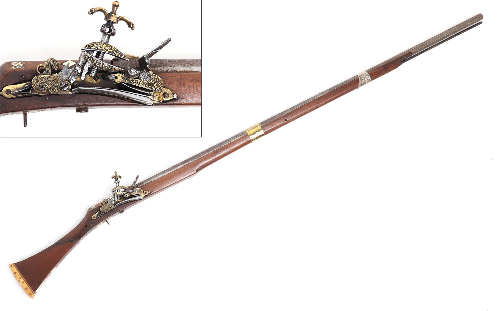 Algerian Miquelet Flintlock Musket, 18th-19th c.: Antique Algerian musket miquelet flintlock, circa late 18th-early 19th century. Octagonal barrel with camel bone inlaid butt stock, inset with circular decoration. Additional inlaid camel bone geometr