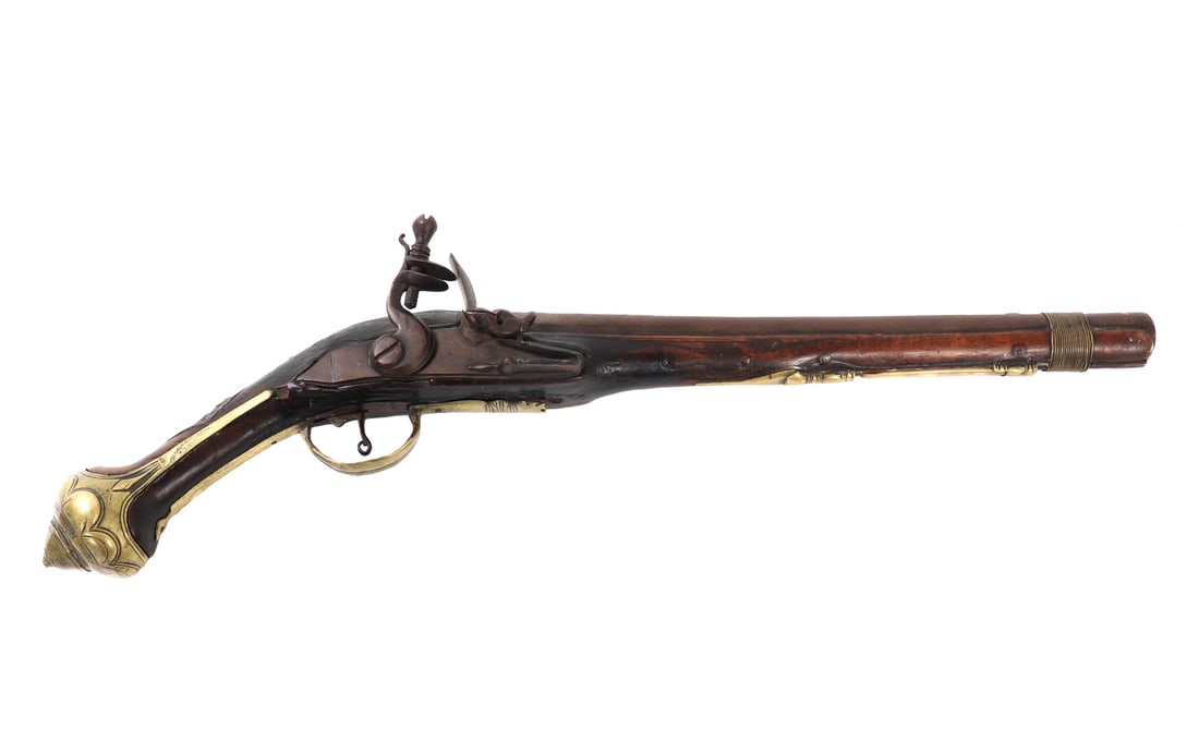 Handsome Ottoman Flintlock Pistol, Kubur: 18th to 19th century ottoman flintlock pistol, commonly known as a Kubar or horse pistol. Steel barrel with a Maplewood style stock with a brass butt and plates. Steel barrel intricately incised with 