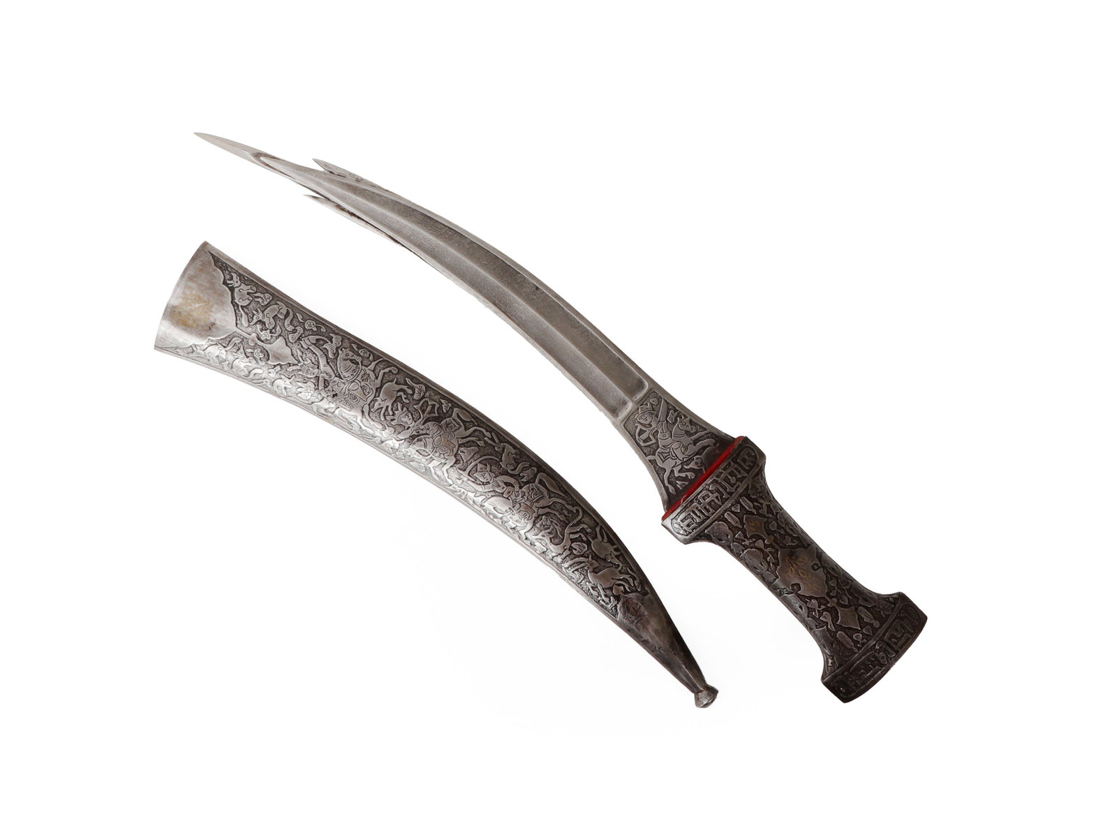 Qajar Steel Jambiya 5 Point Tip Dagger, 19th C.: Qajar Iran, 19th century. A rare all steel Jambiya double edged blade formed to 5 point and a raised central ridge. The blade damascus steel, with the forte decorated on each side with etched figural