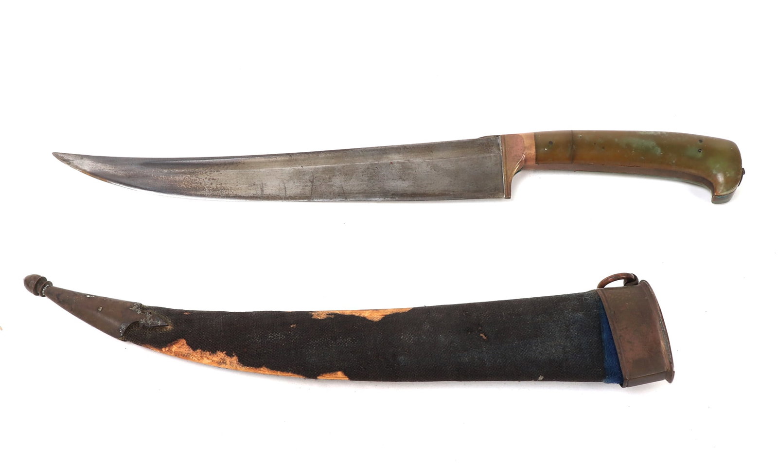 Agate Indo-Persian Pesh-kabz Dagger & Scabbard: Finely made Indo-Persian Pesh-kabz (pesh-qabz / pish ghabz) dagger with scabbard and agate handle. Handle with four piece smooth polished agate in dark green separated with thin copper. Suspension