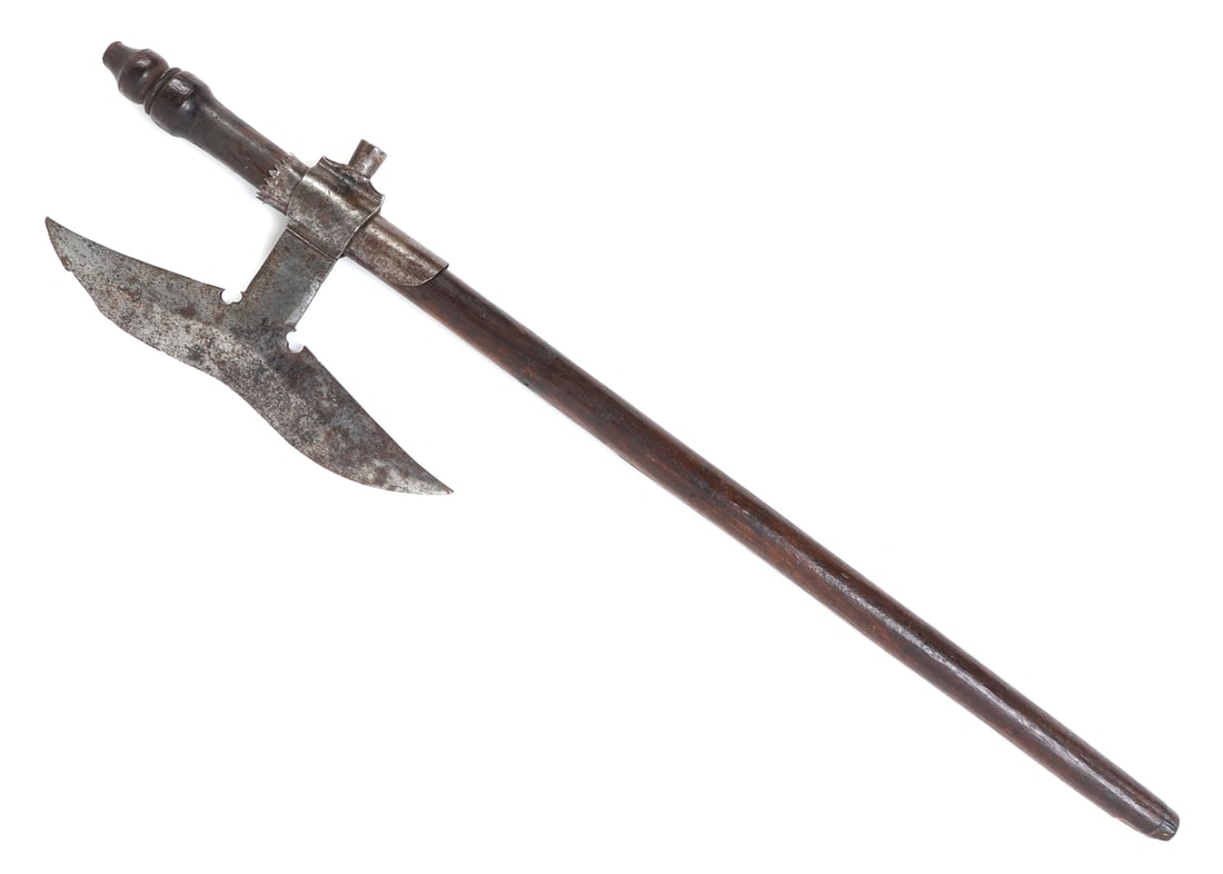Indian Bullova Axe, 18th-19th C.: Nice and early Indian Bullova Axe, 18th - 19th century. Probably remounted later with the original axe head featuring the classical curved bullova style and reverse two openwork bevel sections before