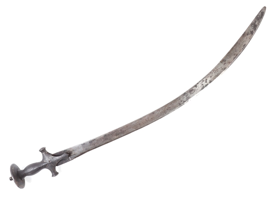 Indian Tulwar Sword: Nice Indian Tulwar sword with a single edged steel blade, disc hilt and handle crafted from iron. Some gilt remains to the base of the pommels intricate design. Size 35" L, blade 28" L