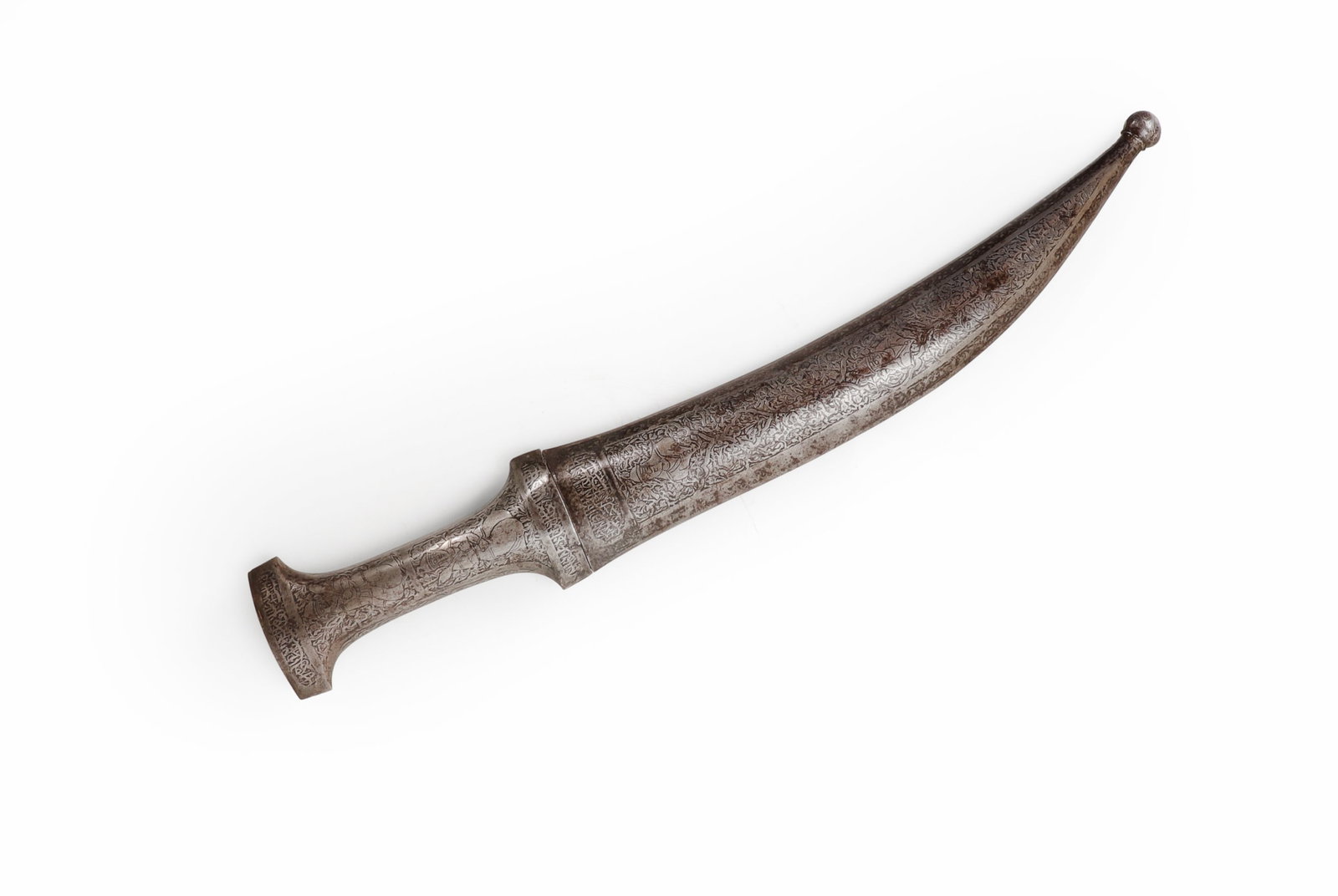 Rare Indo-Persian Jambiya 3 Prong Dagger, 19th C.: An rare all steel jambiya with a three prong split blade, the curved blade formed with three parallel points and central raised ribs. The blade shows watered or patterned steel surface activity