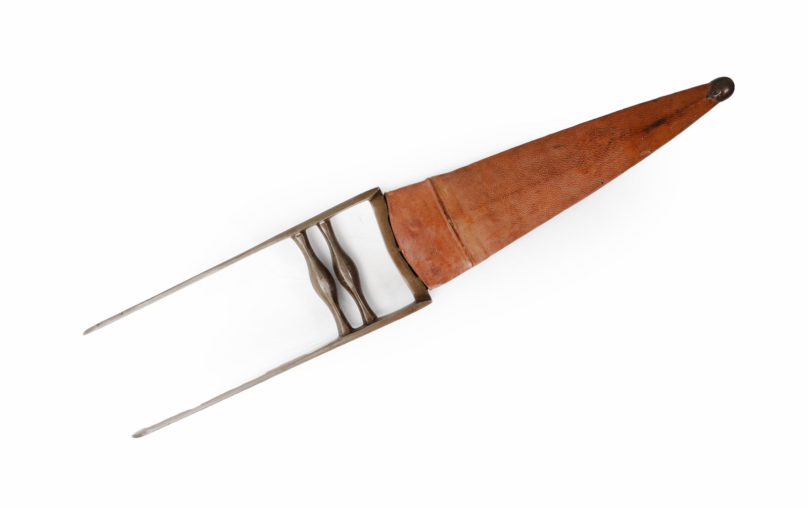 Indian Wootz Steel Katar & Scabbard, 18th-19th C.: India, likely 18th to 19th century. An excellent one-piece steel Katar push dagger, formed with a triangular double edged blade. The long parallel side bars terminate in rounded tips and are joined